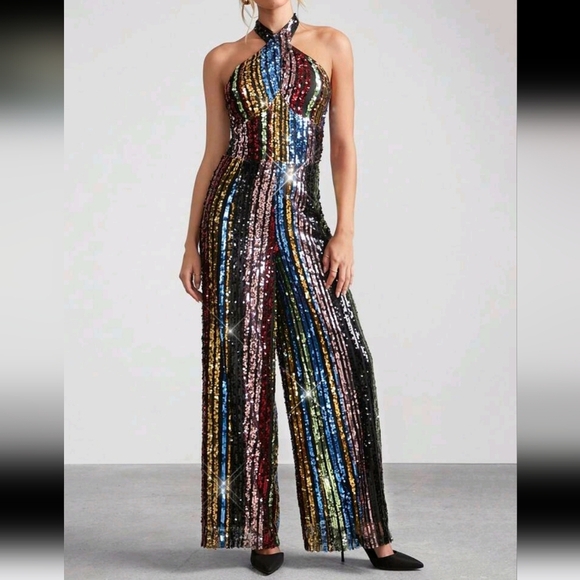 Pants - Rainbow Sequin Decor Halter Neck Women Jumpsuit For Party New Years